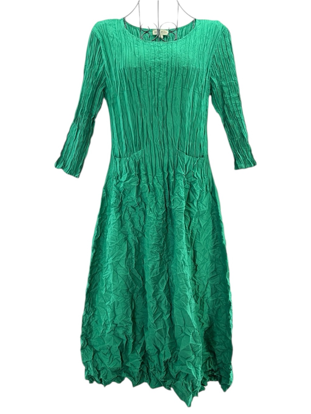 ALQUEMA Green Crushed Pleated Crinkle Midi Dress 3/4 Sleeves Pockets Size 0